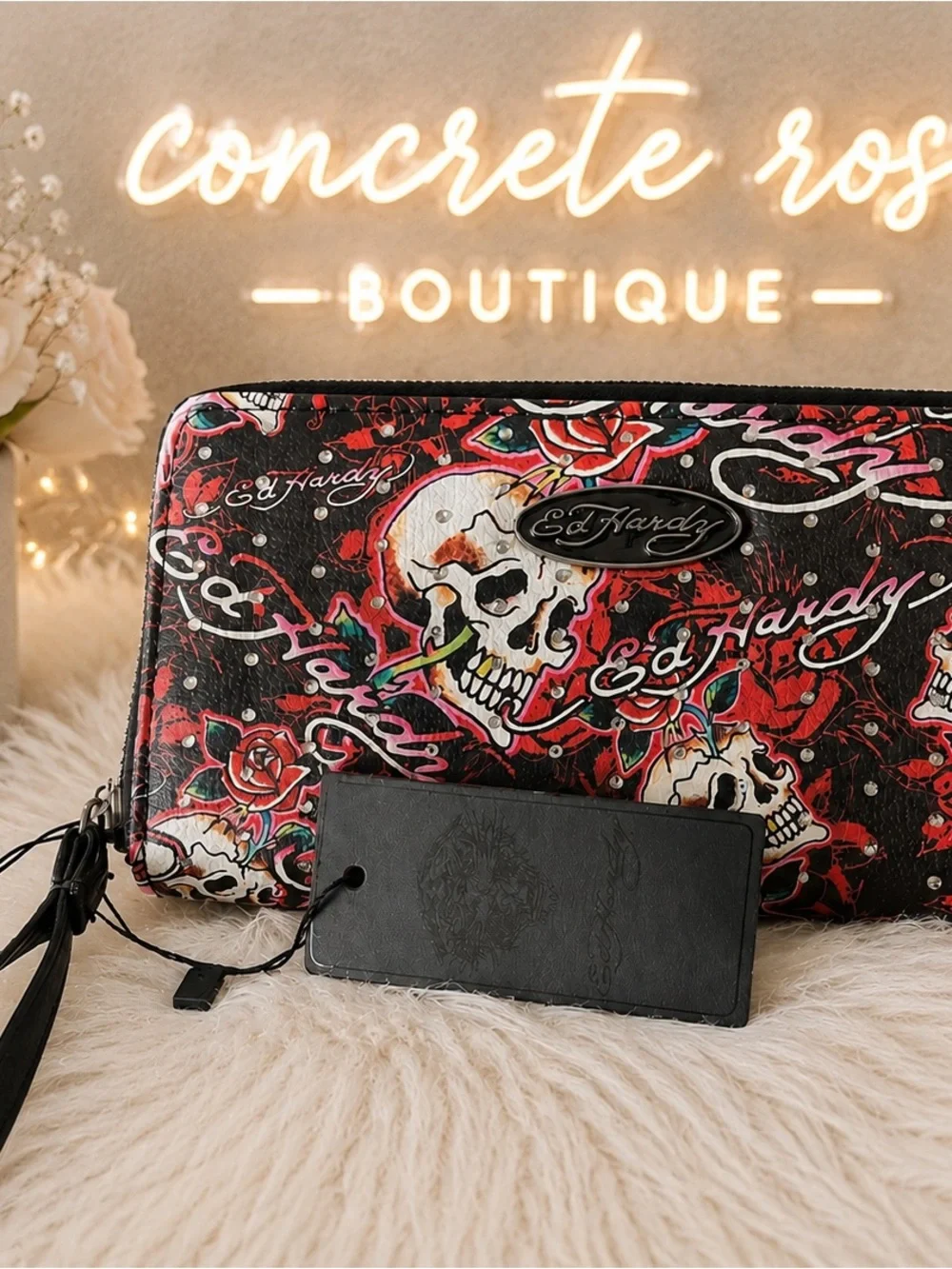 Ed Hardy Black & Red Skull Rose Zip Wallet